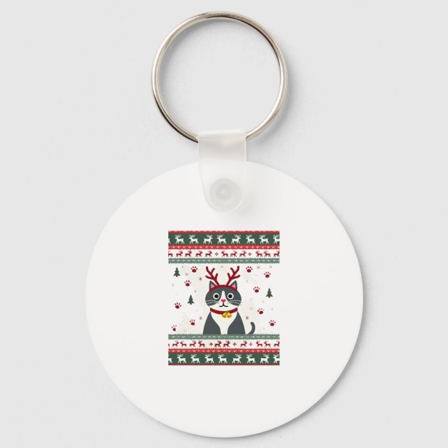 Christmas Cat Reindeer Ugly Christmas Sweater T-Sh Keychain (Front)