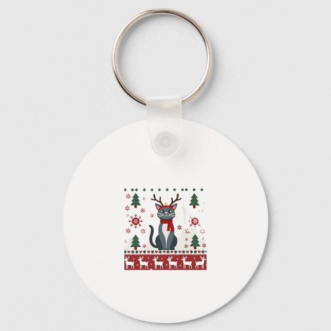 Christmas Cat Reindeer Ugly Christmas Sweater T-Sh Keychain (Front)