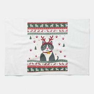 Christmas Cat Reindeer Ugly Christmas Sweater T-Sh Kitchen Towel