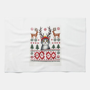 Christmas Cat Reindeer Ugly Christmas Sweater T-Sh Kitchen Towel