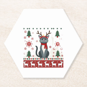 Christmas Cat Reindeer Ugly Christmas Sweater T-Sh Paper Coaster