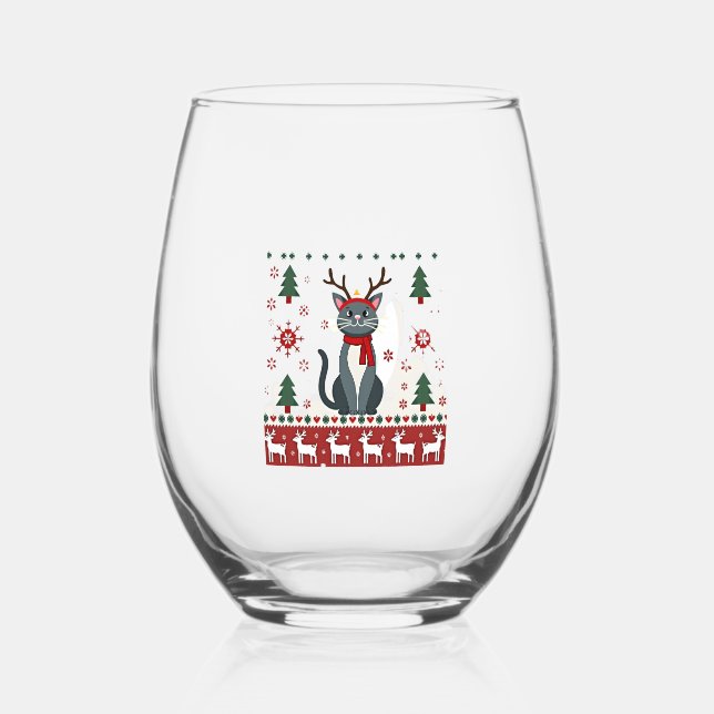 Christmas Cat Reindeer Ugly Christmas Sweater T-Sh Stemless Wine Glass (Front)