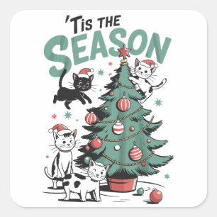 Christmas Cat Retro Tis The Season Meowy Catmas Square Sticker