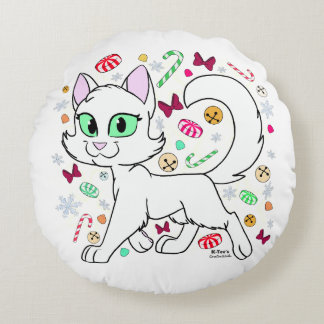 Christmas Cat Round Pillow (White)