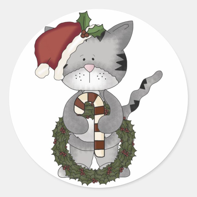 Christmas Cat Santa Claus Classic Round Sticker (Front)