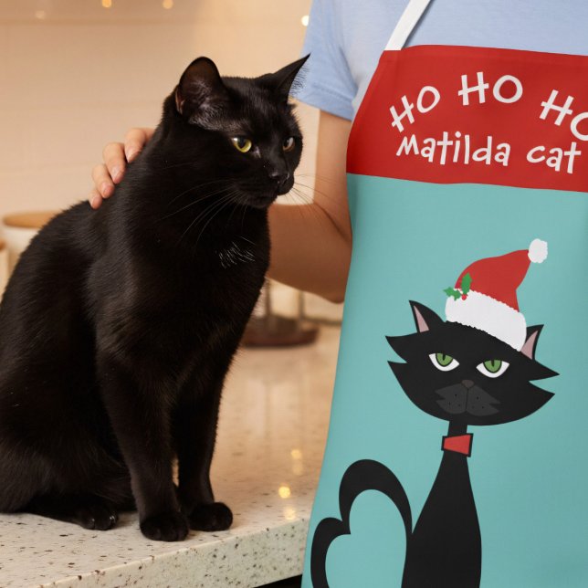 Christmas Cat Santa Hat Ho Ho Holiday Apron (Ho Ho Ho Holiday apron with a cute Christmas Cat and space for your name)