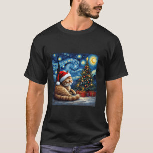 Christmas Cat Santa Hat Van Gogh Starry Night Holi T-Shirt