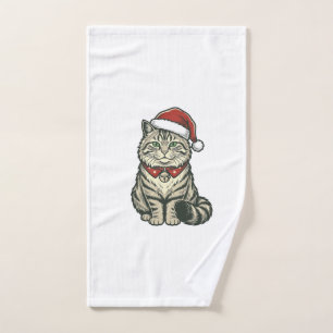 Christmas Cat Santa Hat Vintage Engraving Design_1 Hand Towel