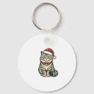 Christmas Cat Santa Hat Vintage Engraving Design_1 Keychain