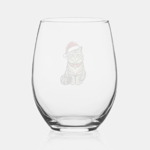 Christmas Cat Santa Hat Vintage Engraving Design_1 Stemless Wine Glass