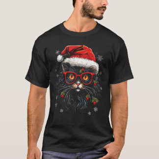 Christmas Cat Santa Hat Xmas Lights Holiday Kitty T-Shirt
