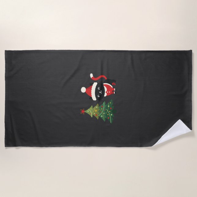Christmas Cat Santa Tree Vector Beach Towel (Front)