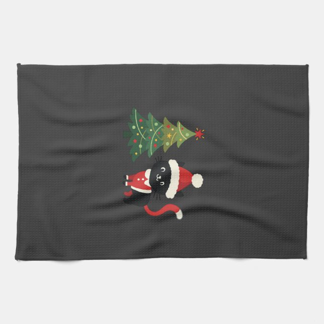 Christmas Cat Santa Tree Vector Kitchen Towel (Horizontal)