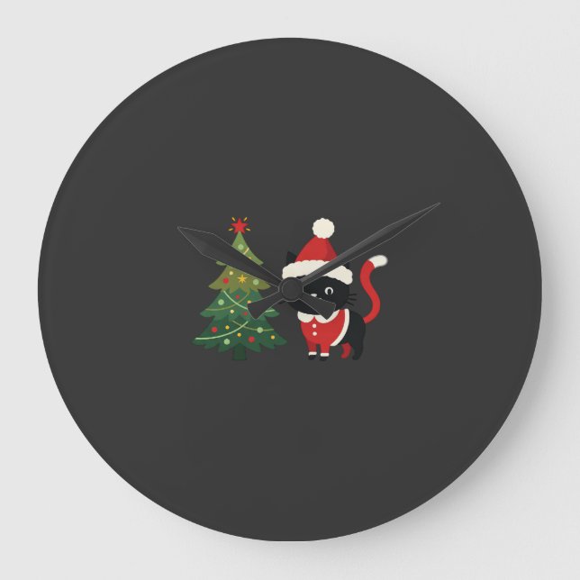 Christmas Cat Santa Tree Vector Large Clock (Front)