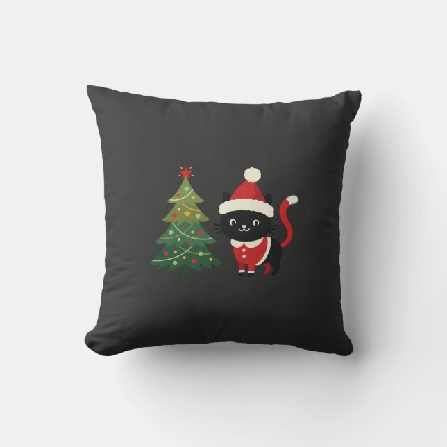 Christmas Cat Santa Tree Vector Throw Pillow (Front)