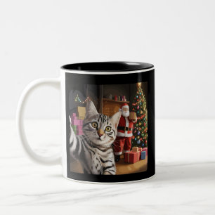 Christmas Cat Selfie with Santa Claus Cute Holiday Two-Tone Coffee Mug