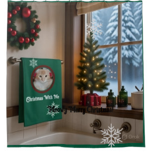 Christmas Cat Shower Curtain, Photo Text Customize