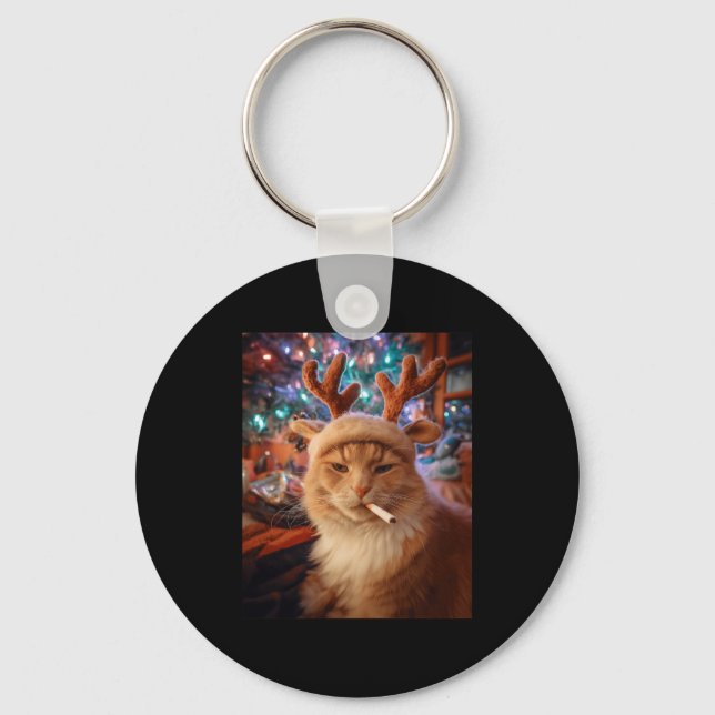 Christmas Cat Smoking Cigarette Meme Gen Z Comfort Keychain (Front)