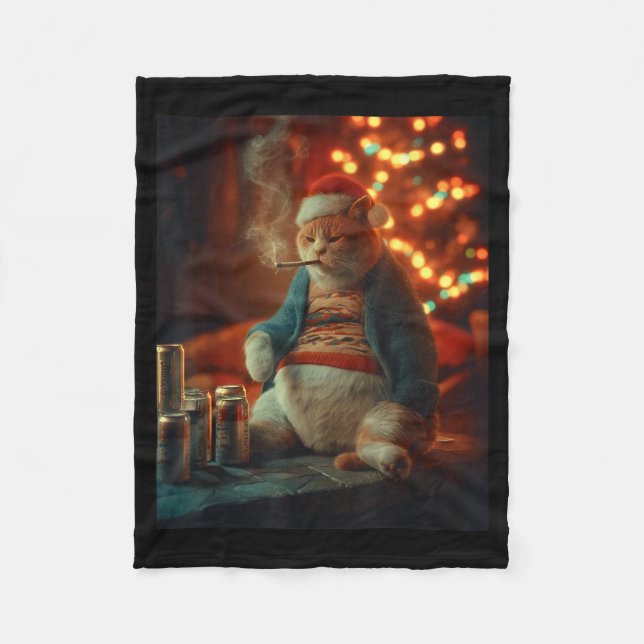 Christmas Cat Smoking Cigarette Meme Gen Z  Fleece Blanket (Front)