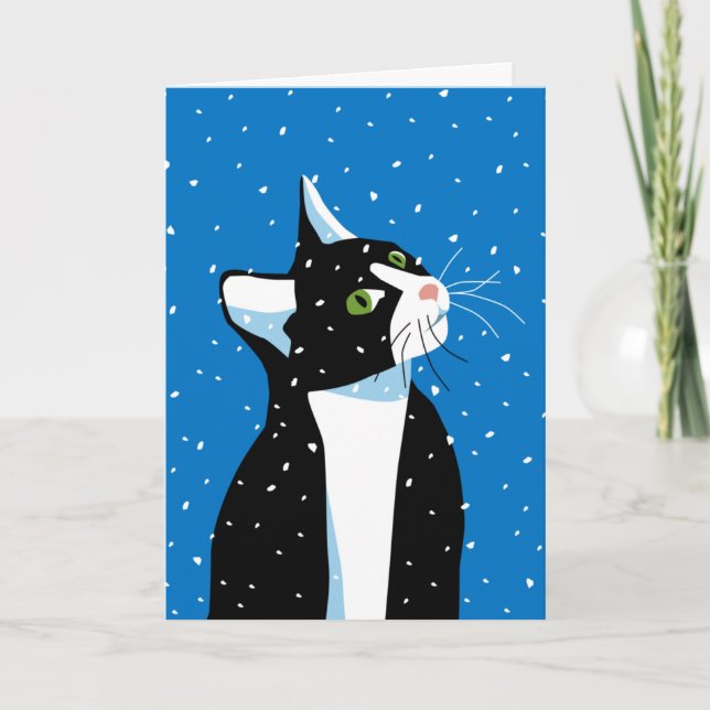 Christmas Cat Staring at Snowflakes Holiday Card (Front)