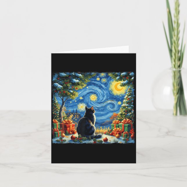 Christmas Cat Starry Night Van Gogh Santa Winter G Card (Front)