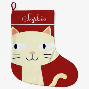 CHRISTMAS  CAT STOCKINGS, CUTE GIRLY WHITE CAT LARGE CHRISTMAS STOCKING