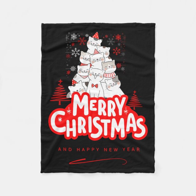 Christmas Cat Tee – Festive Kitty Holiday Art  Fleece Blanket (Front)