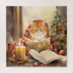Christmas Cat Three Reading Vintage Card Jigsaw Puzzle<br><div class="desc">A decorated Christmas tree with a Christmas cat three reading with a candle light. Romantic vintage holiday card</div>