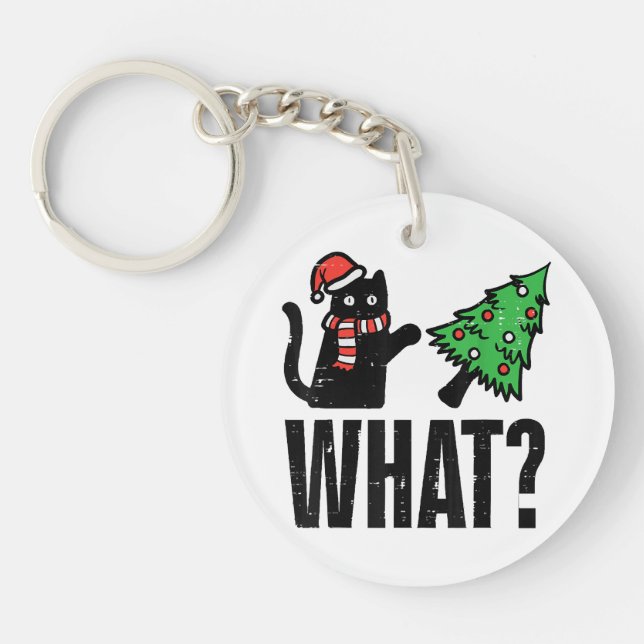 Christmas Cat Tipping Xmas Tree Funny Keychain (Front)