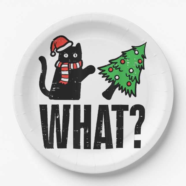 Christmas Cat Tipping Xmas Tree Funny Paper Plate (Front)
