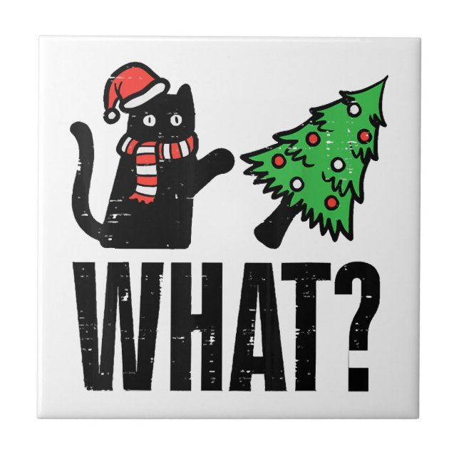Christmas Cat Tipping Xmas Tree Funny Tile (Front)