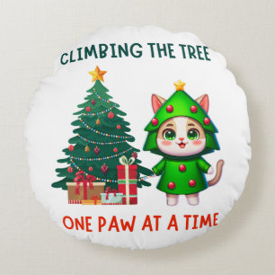 Christmas Cat Tree Funny Whimsical Cartoon Round Pillow