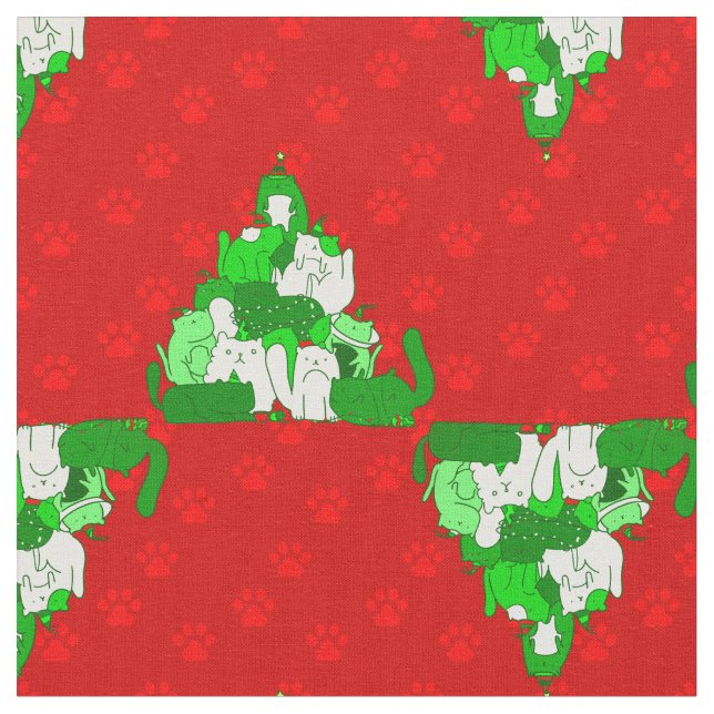 christmas cat tree paw print fabric (Close Up)