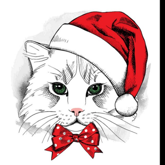 Christmas Cat Trucker Hat (illustration of a white cat wearing a red Santa hat and a red bow tie with white polka dots.)