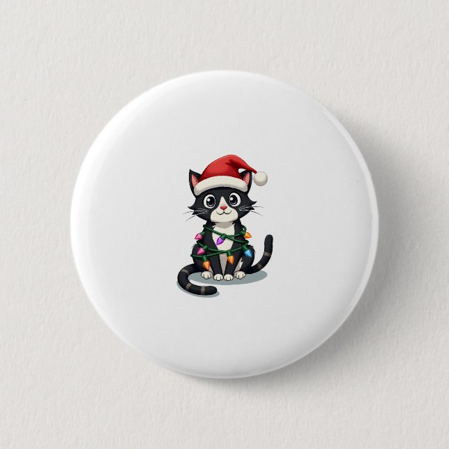 Christmas Cat Tuxedo black cat xmas lights kitty c 2 Inch Round Button (Front)