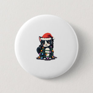Christmas Cat Tuxedo black cat xmas lights kitty c 2 Inch Round Button