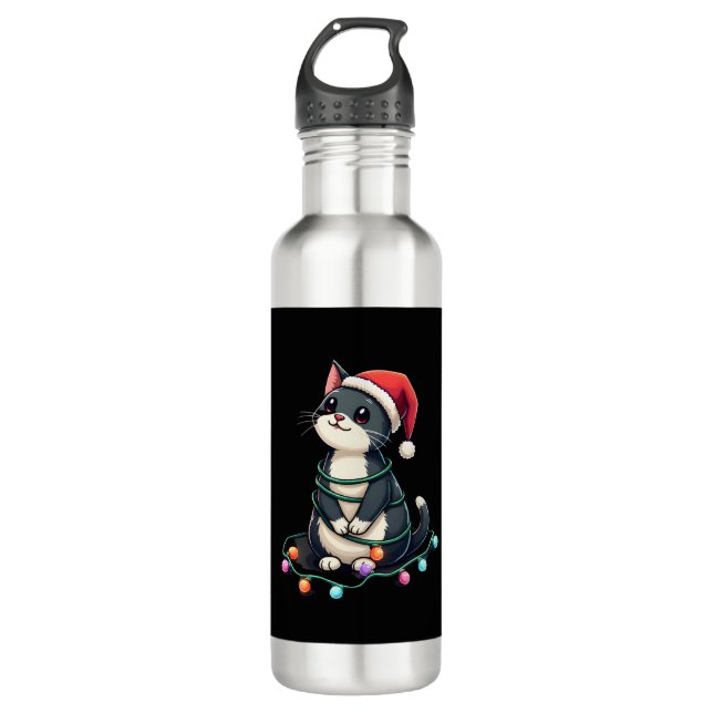 Christmas Cat Tuxedo black cat xmas lights kitty c 710 Ml Water Bottle (Front)
