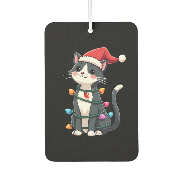 Christmas Cat Tuxedo black cat xmas lights kitty c Air Freshener (Front)