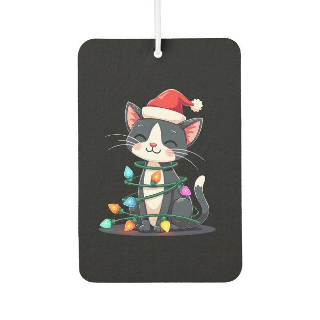 Christmas Cat Tuxedo black cat xmas lights kitty c Air Freshener (Front)