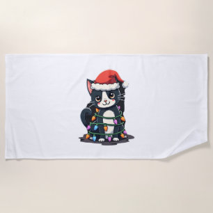 Christmas Cat Tuxedo black cat xmas lights kitty c Beach Towel