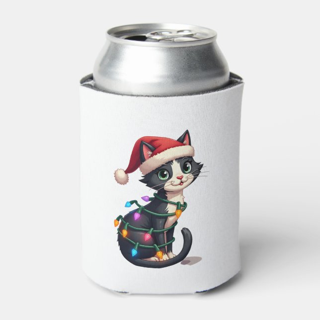 Christmas Cat Tuxedo black cat xmas lights kitty c Can Cooler (Can Front)