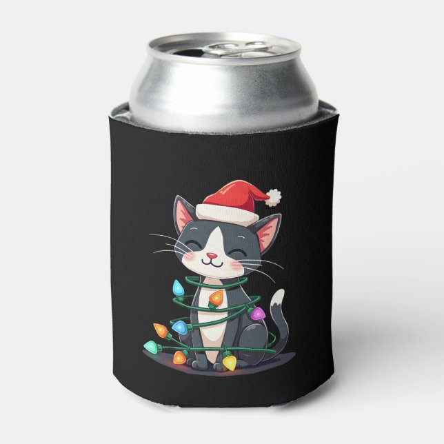 Christmas Cat Tuxedo black cat xmas lights kitty c Can Cooler (Can Front)