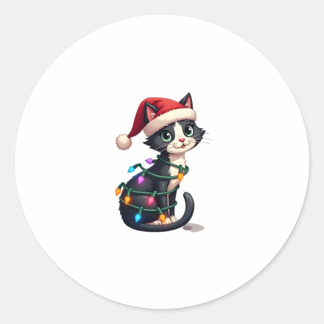 Christmas Cat Tuxedo black cat xmas lights kitty c Classic Round Sticker (Front)