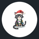 Christmas Cat Tuxedo black cat xmas lights kitty c Classic Round Sticker<br><div class="desc">Christmas Cat Tuxedo black cat xmas lights kitty cute (6)</div>