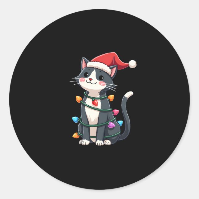 Christmas Cat Tuxedo black cat xmas lights kitty c Classic Round Sticker (Front)