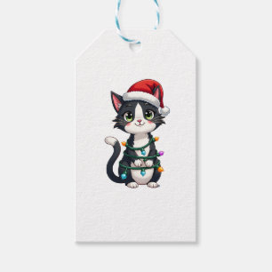 Christmas Cat Tuxedo black cat xmas lights kitty c Gift Tags