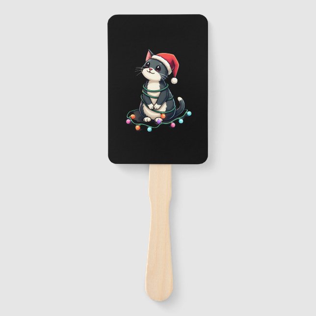 Christmas Cat Tuxedo black cat xmas lights kitty c Hand Fan (Front)