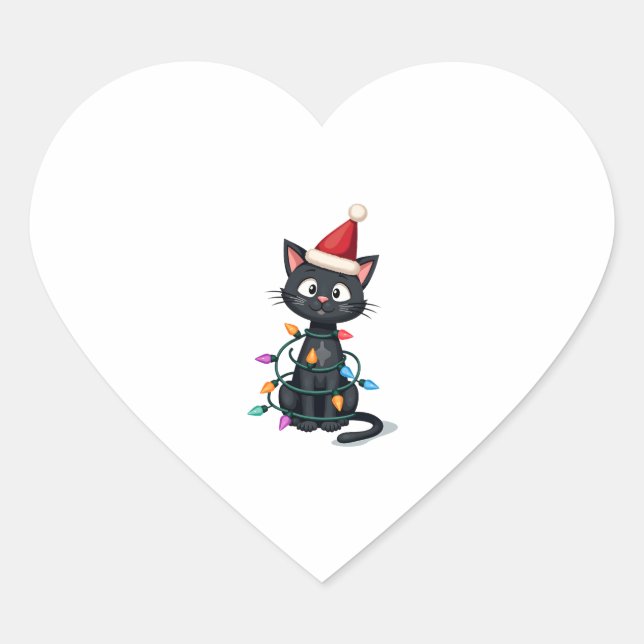 Christmas Cat Tuxedo black cat xmas lights kitty c Heart Sticker (Front)