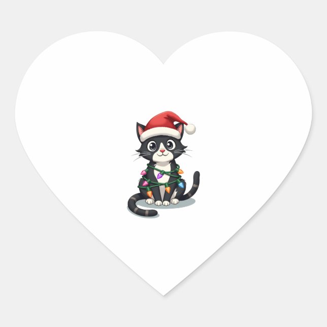 Christmas Cat Tuxedo black cat xmas lights kitty c Heart Sticker (Front)