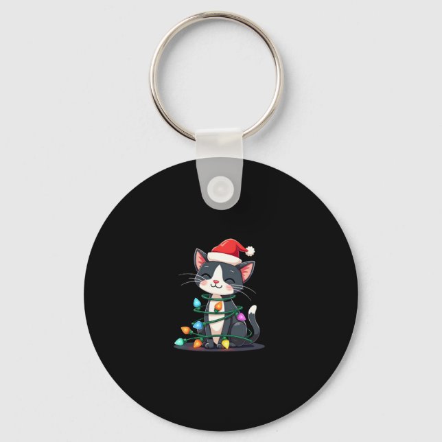 Christmas Cat Tuxedo black cat xmas lights kitty c Keychain (Front)